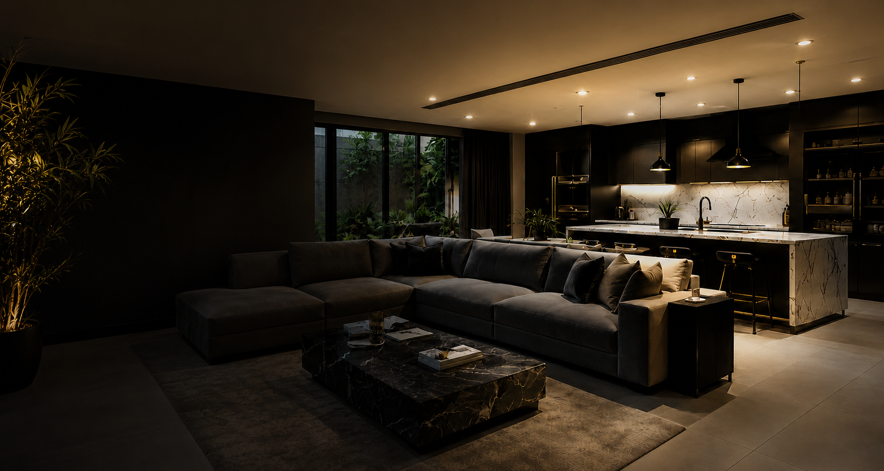 Elegant, professionally cleaned open-plan living room and kitchen